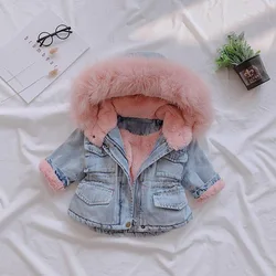 Denim Jacket Korean version thickening Children's Winter clothing Hooded Lapel collar Boys and Girls Denim cotton jacket 4Y