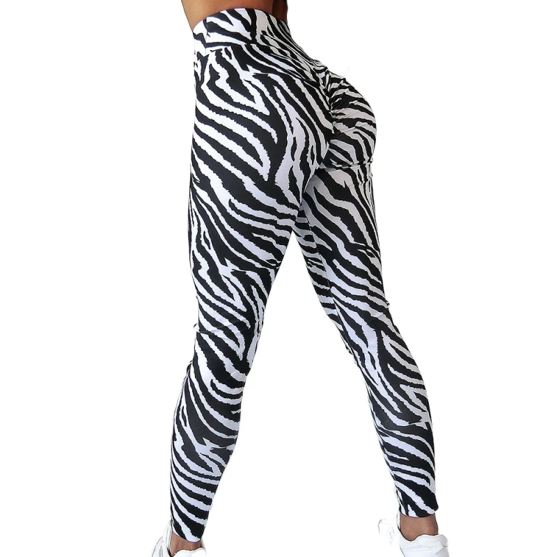 Celana olahraga Yoga legging wanita, celana ketat bergaris pinggang tinggi hitam putih Zebra bercetak, Legging Kebugaran Olahraga