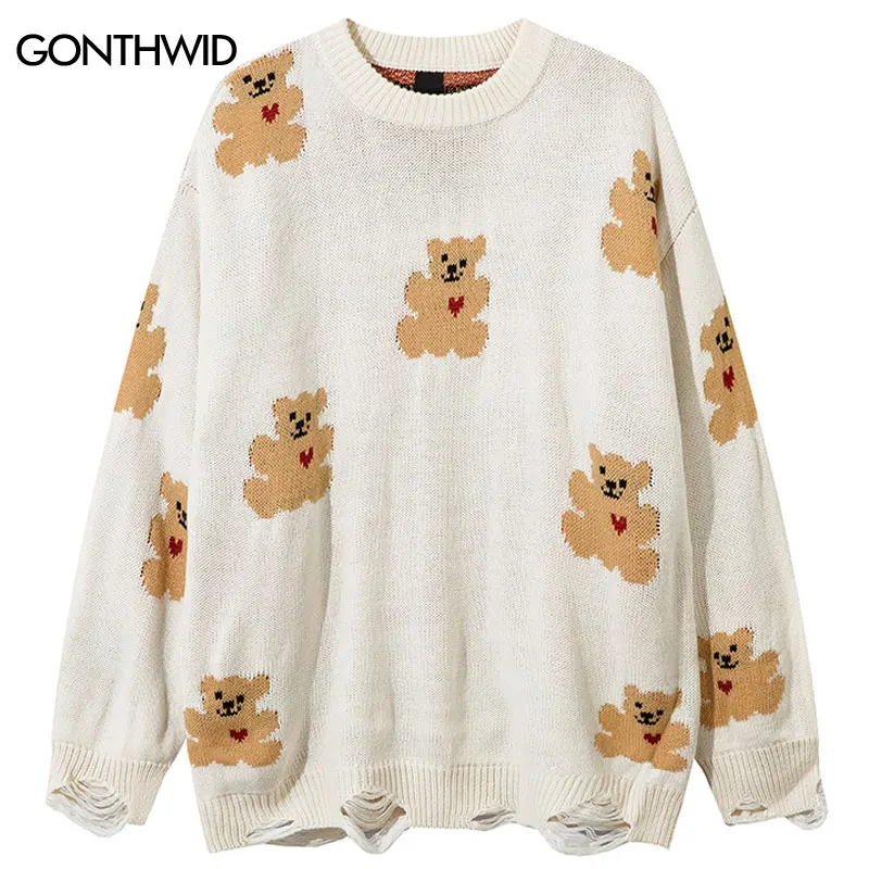 Vintage Sweaters Y2K Grunge Ripped Holes Knitted Cute Cartoon Bear Jumpers Streetwear Men Hip Hop Harajuku Casual Baggy Pullover