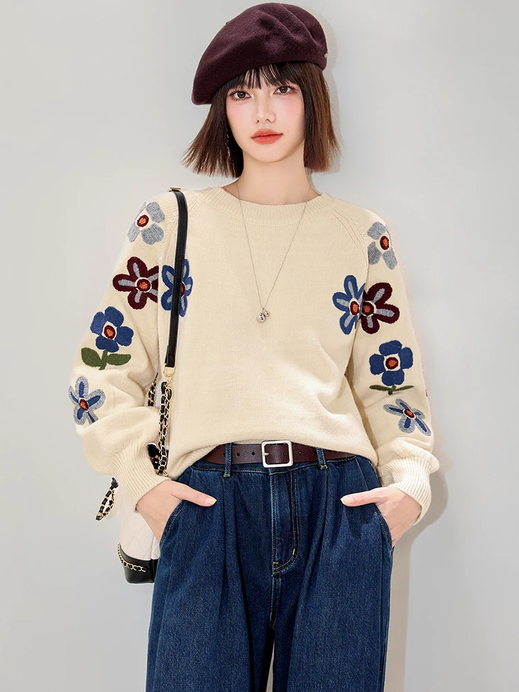 

Women Beige Sweater Autumn Winter Floral Embroidered Pullover Knitted O-neck Button Long Sleeve Soft Top Female SW017