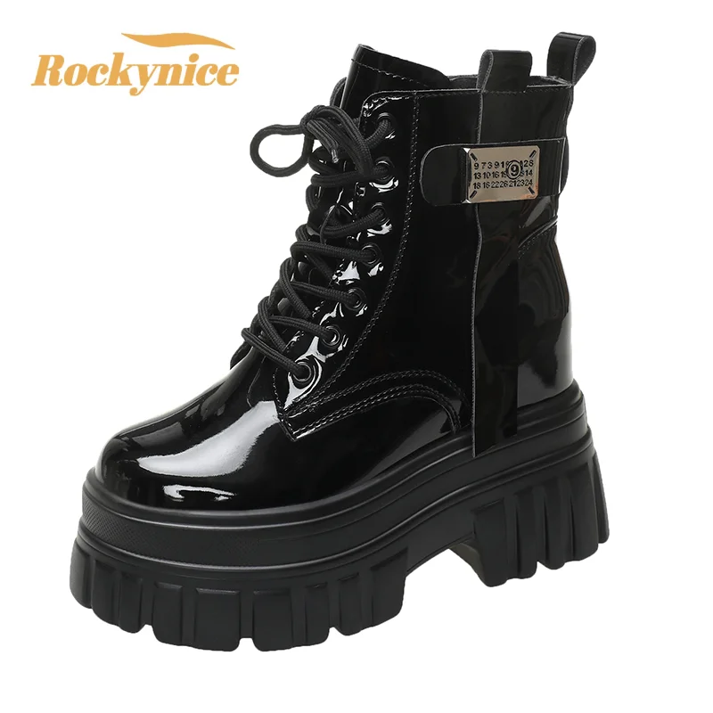 Women's High Platform Motorcycles Boots Winter 10CM Wedge Heels Warm Ankle Boots Chunky Sneakers New Autumn Leather Shoes Woman