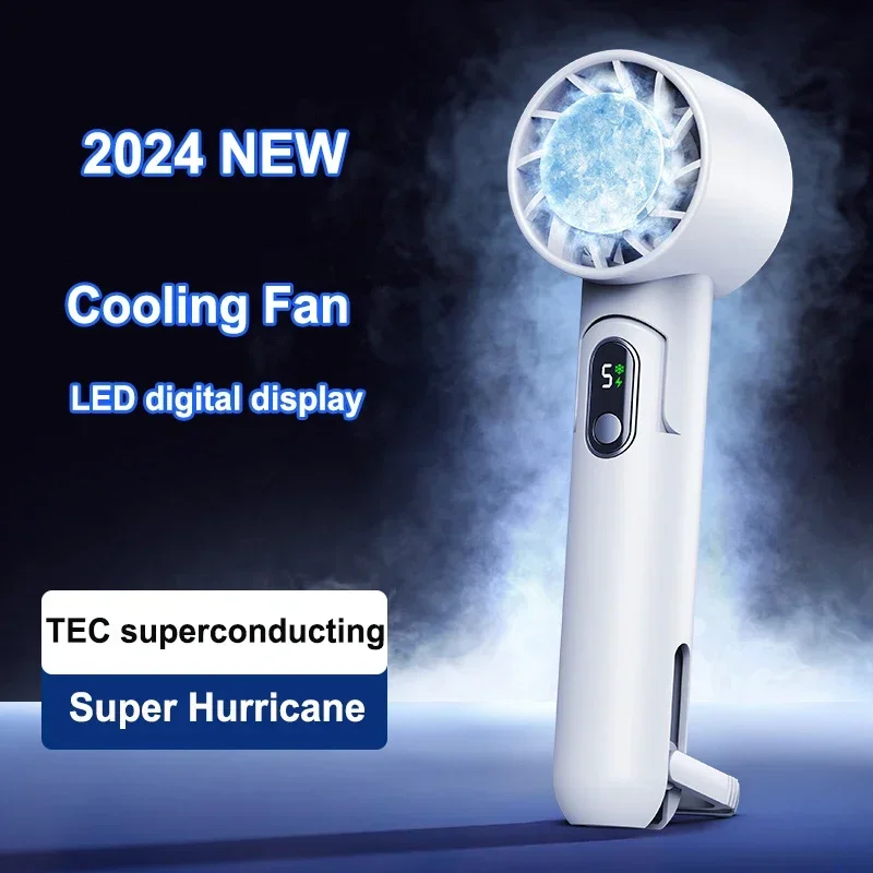 

2024 Upgraded Handheld Fan 4000Ah USB Rechargeable Semiconductor Refrigeration Fan LED Digital Display Office Outdoor Air Cooler