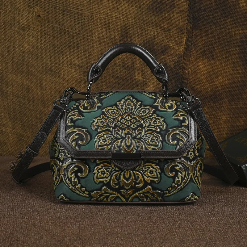 

2025 коровьи сумки на плечо из натуральной кожи, винтажные сумки-тоут в китайском стиле с тиснением, большие женские вместительные сумки через плечо