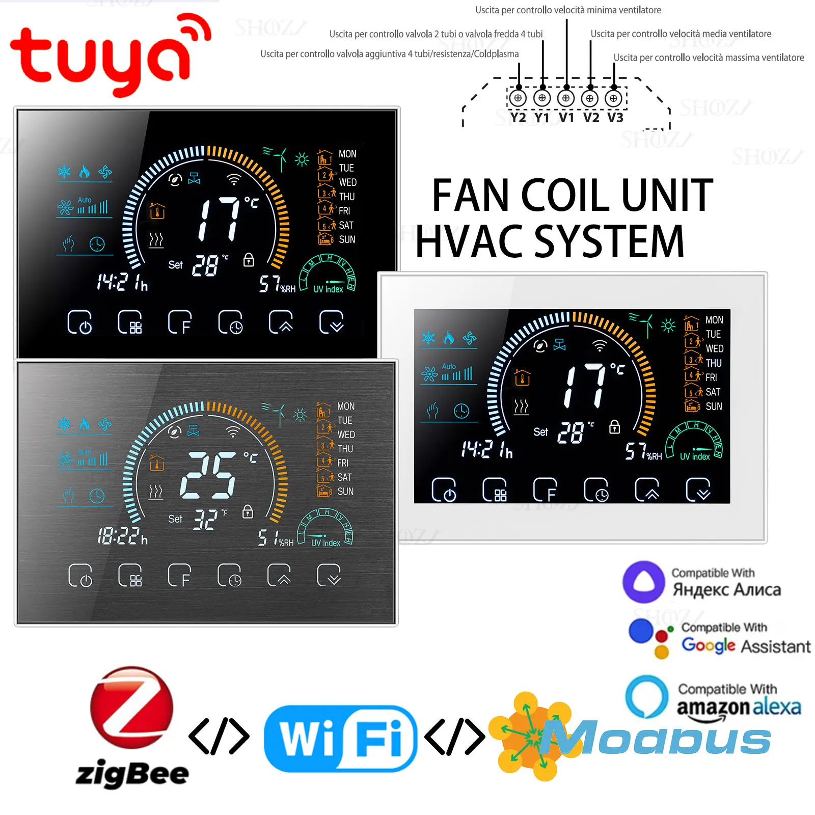 TUYA WIFI/RS485 Modbus RTU  Programmable Thermostat for Control 2/4-Way Valve Heat/Cool Compressor  HAVC Air System 24V/220V