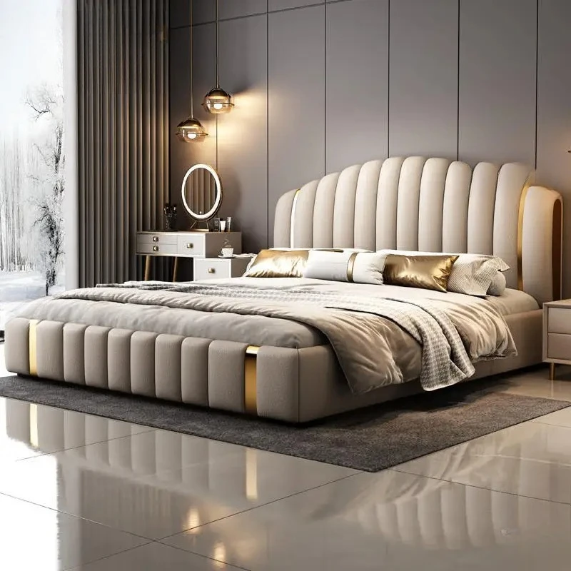 Genuine Leather Wooden Frame Light Bed Frame Storage for Master Bedroom for Hotels