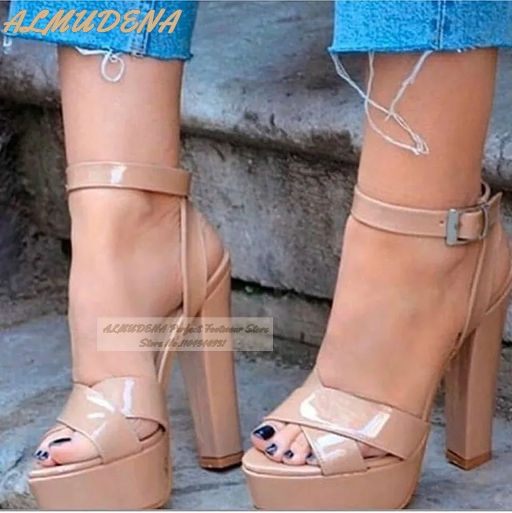 

ALMUDENA Nude Patent Leather Chunky Heel Sandals Platform Mirror Leather Cross Strap Buckle Dress Shoes Block Heels Pumps