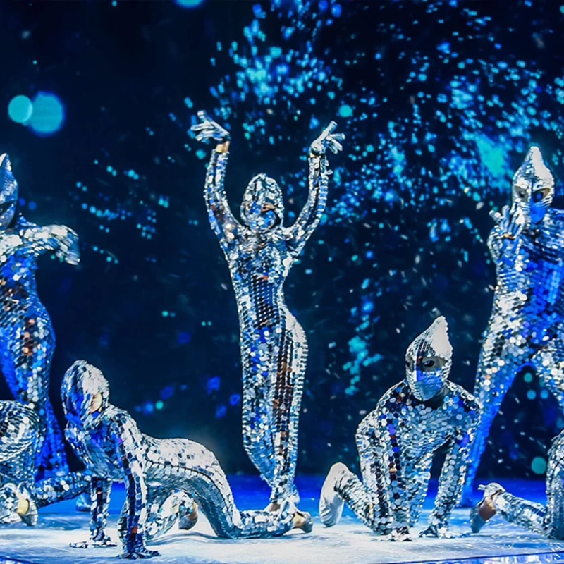 Costume da uomo con specchio argento Costumi di danza laser Uomo Performance commerciale Discoteca Lente con paillettes Tuta Abbigliamento da festa Donna