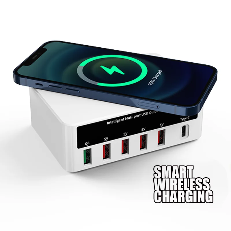 Kailiwei 40W 6 Port LED Display USB Fast Wireless Charger Phone Tablet Desktop Home Mobile Adapter C Quick Charging Station