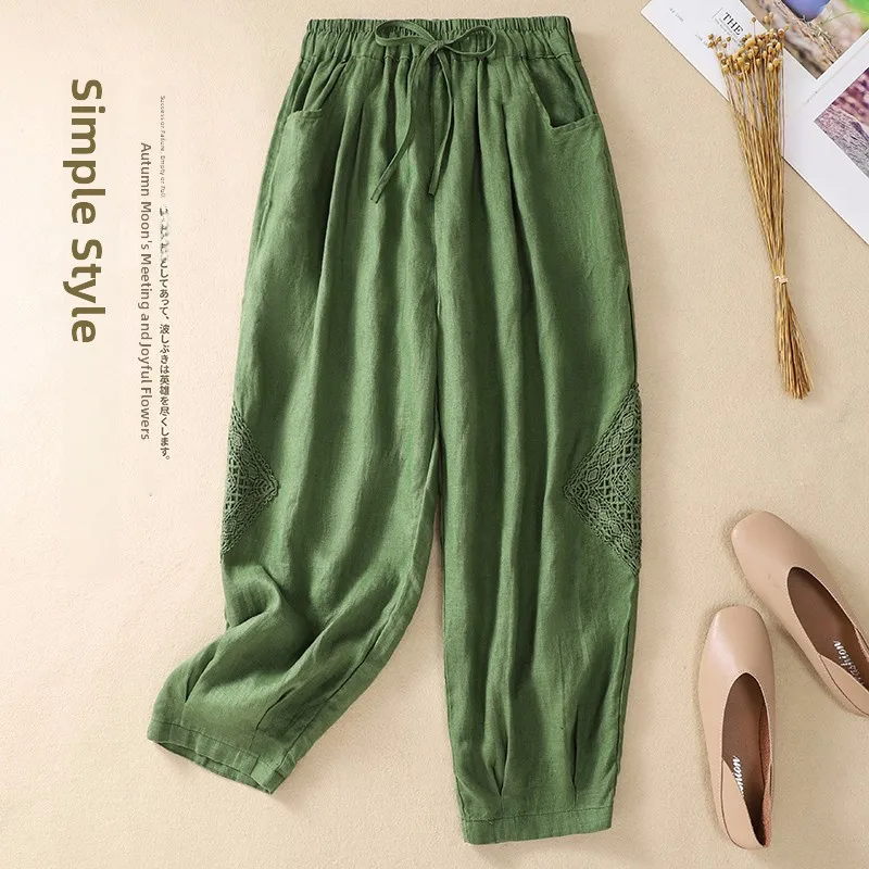 Verão novo pesado bordado algodão linho cintura elástica emagrecimento harlan calças lanterna artística pequeno pé faionable