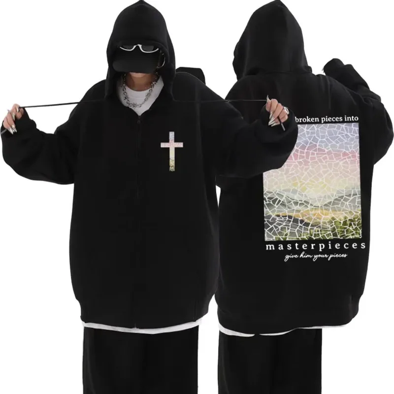 Christian Jesus God Turns Beoken Pieces Into Masterpieces Bible Verse Zipper Hoodie Men Women Fashion Oversized Zip Up Jacket