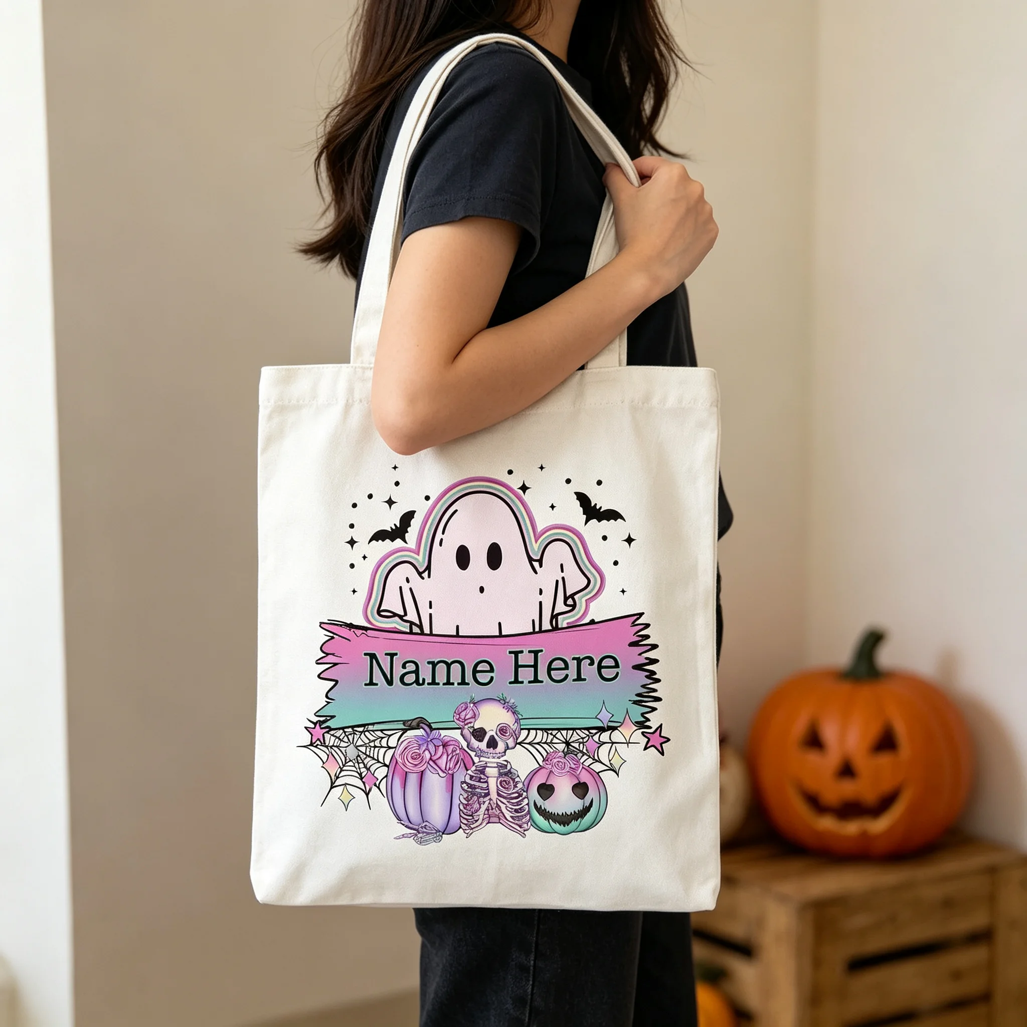 Personalized Halloween Pastel Ghost Canvas Tote Bag Custom Name Skull Pumpkin Trick or Treat Shoulder Bag Cute Gift for Girls
