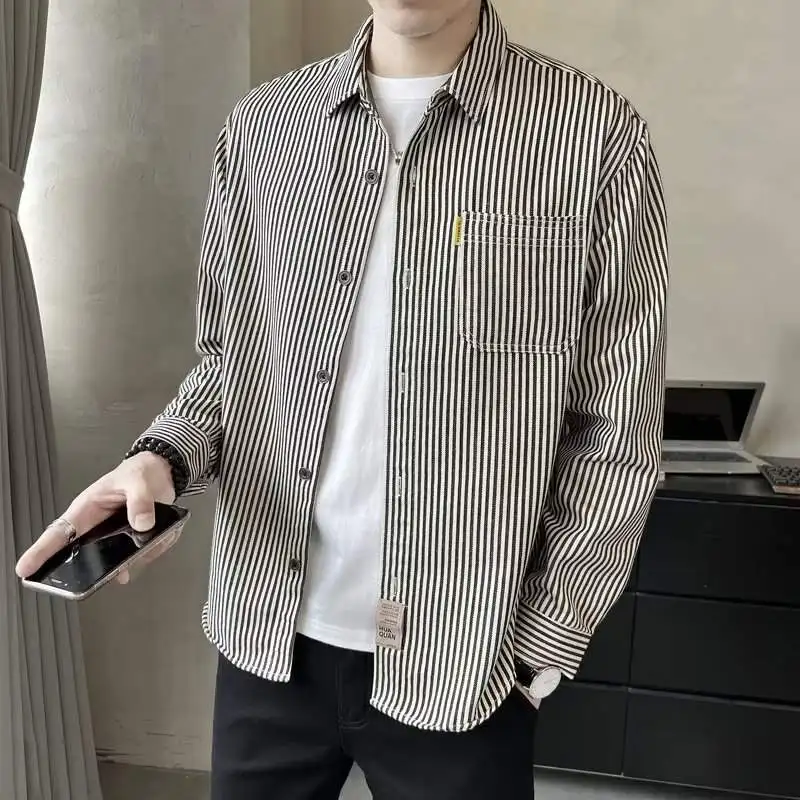 

Casual Stripe Men's Long Sleeve Shirt Hong Kong Style Spring Autumn Fashion Brand Outerwear Collar Design Thickened Fleece