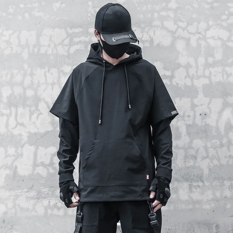 2024 High Street Fake Two Piece Techwear Punk Hip Hop Hoodie Men Women Harajuku VIntage Casual Pullover Sweatshirt