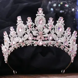 DIEZI Luxury 10 Color Opal Pink Crystal Tiara Crown For Women Wedding Party Elegant Bridal Bride Flower Crown Hair Accessories
