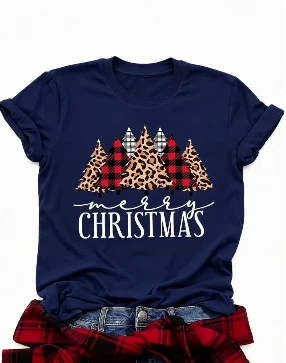 2026 Women's Casual Short Sleeve Christmas T-Shirt, Merry Christmas Letter Graphic Tee, Leopard Red Black Plaid Christmas Tree Print, Holiday Daily Wear Basic Tops For Women