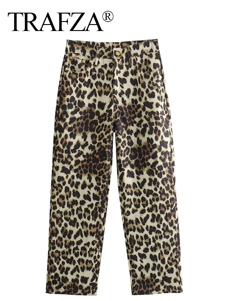 TRAFZA 2024 Woman Leopard Print Trouser High Waist Loose Zipper Fly Female Long Pants Vintage Streetwear Women\'s Wide Leg Pant