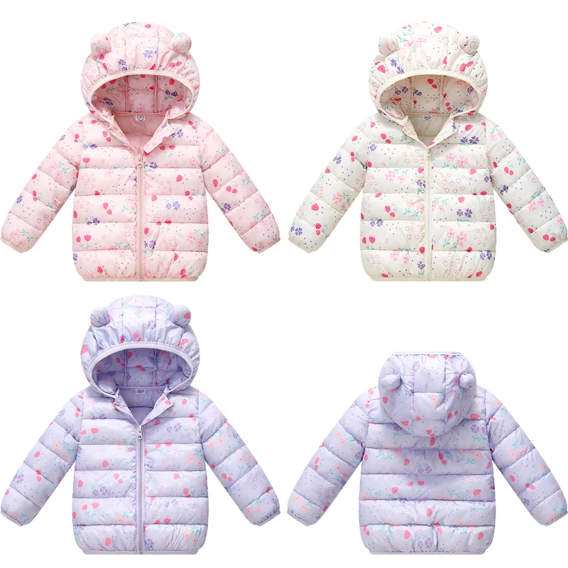 Autumn Winter New Girls Jacket All-over Print Thick Warm Hooded Zipper Light And Thin Coat For 2-6Y Girls Cotton Down Outerwear