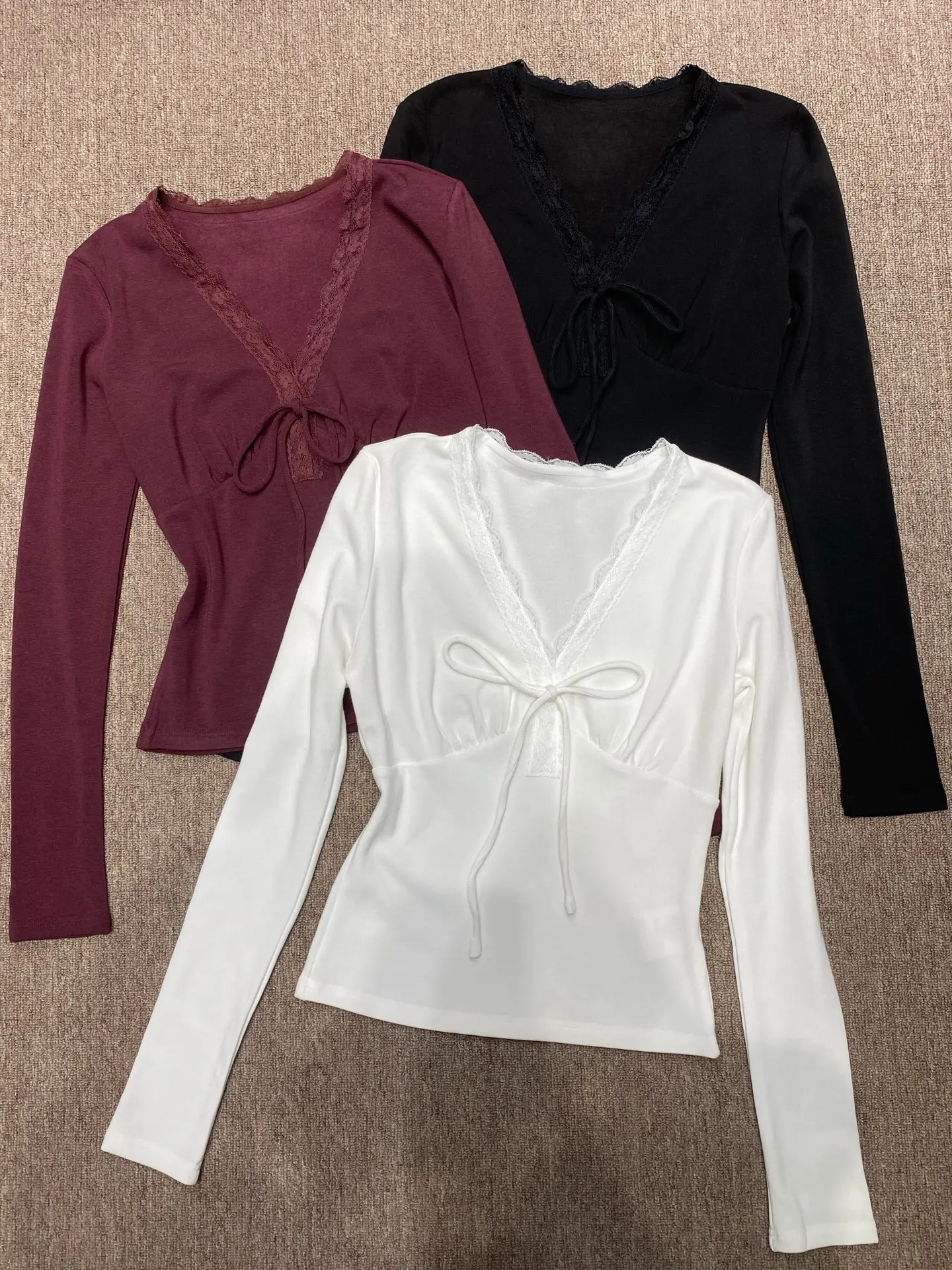 

Sexy Deep V-Ne Knot Lace Trim Slimming Knitted Sweater Women's Fce Lined Warm Base Layer Top