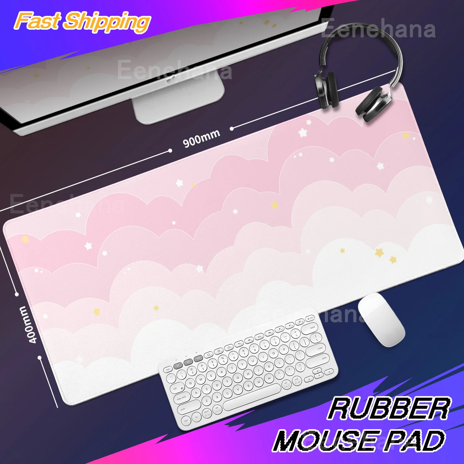 Light Blue Pink Clouds Desk Mat Kawaii Purple Mouse Pad Cute Rubber Pad Extended Pad Gaming Keyboard Mats Large XXL Girl Carpet