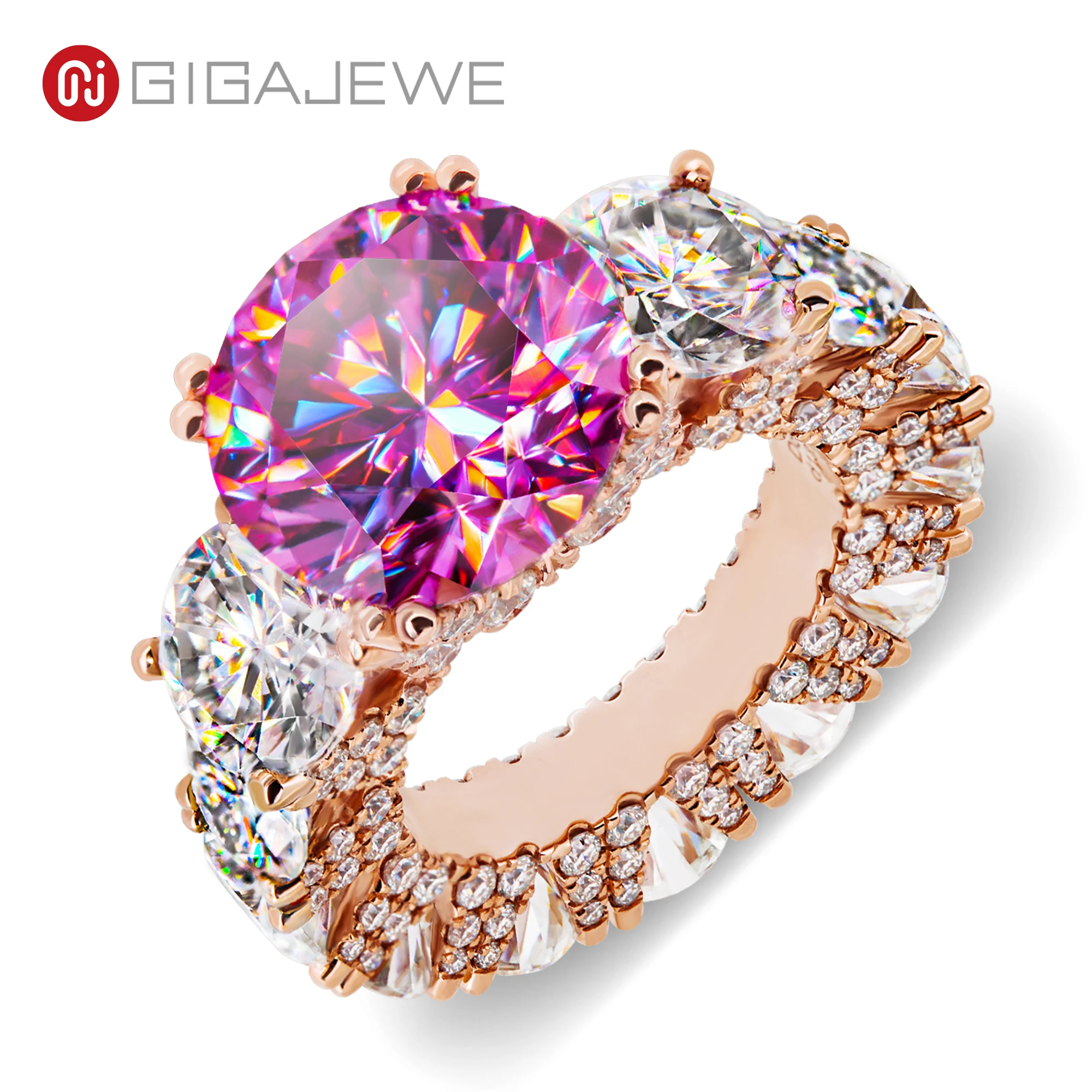 

GIGAJEWE Moissanite Mainstone Total 20ct Nova Pink Color Round Cut 18K Rose Gold Ring Jewelry Wedding Gifts Anniversary Bands