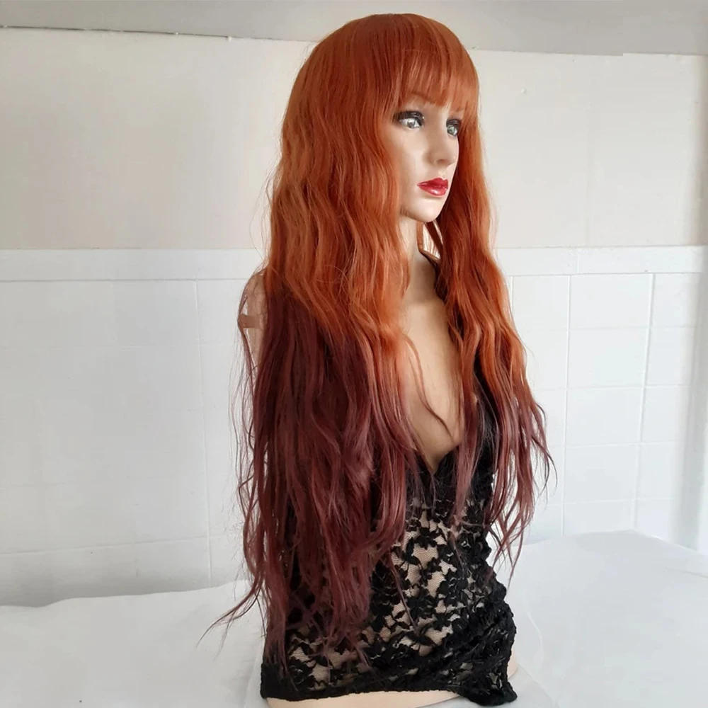 Cosplay Cute Wigs Kawaii Lolita Ginger Color Air Bangs Long Wave Wig High-temperature Resistance Fibre Synthetic Lace Front Wig