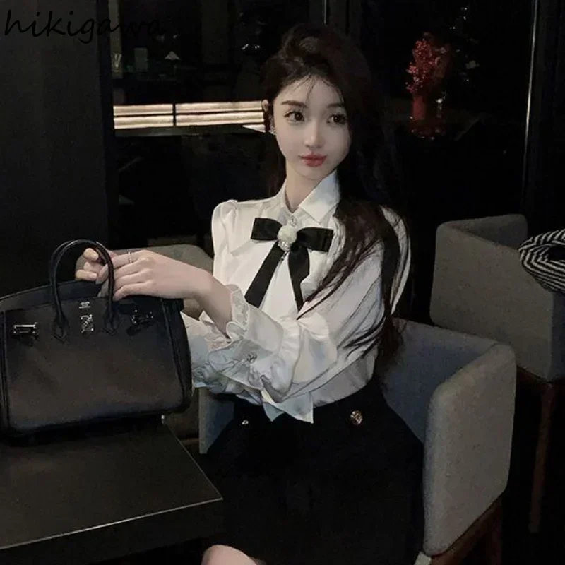 

White Long Sleeve Blouse Women Vintage Loose Korean Ruffles Elegant Shirts Temperament Ladies Tops 2023 Blusas Mujer De Moda