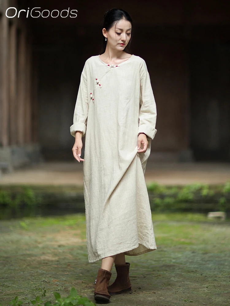 

OriGoods платье-халат с длинными рукавами, женское платье из рами, хлопок, новинка 2025, осеннее длинное платье-халат, одежда в китайском стиле, женское свободное платье B342