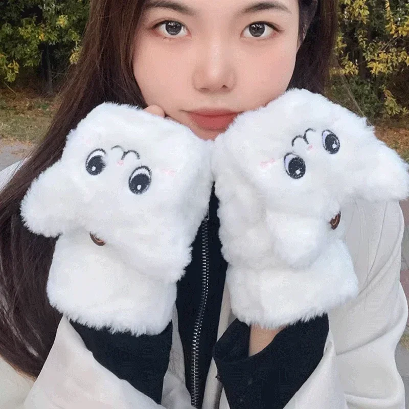 Mitones de piel de animales Kawaii para mujeres y niñas, guantes cálidos de invierno, guantes de felpa con tapa de oreja, sin dedos guantes gruesos, regalos para dedos