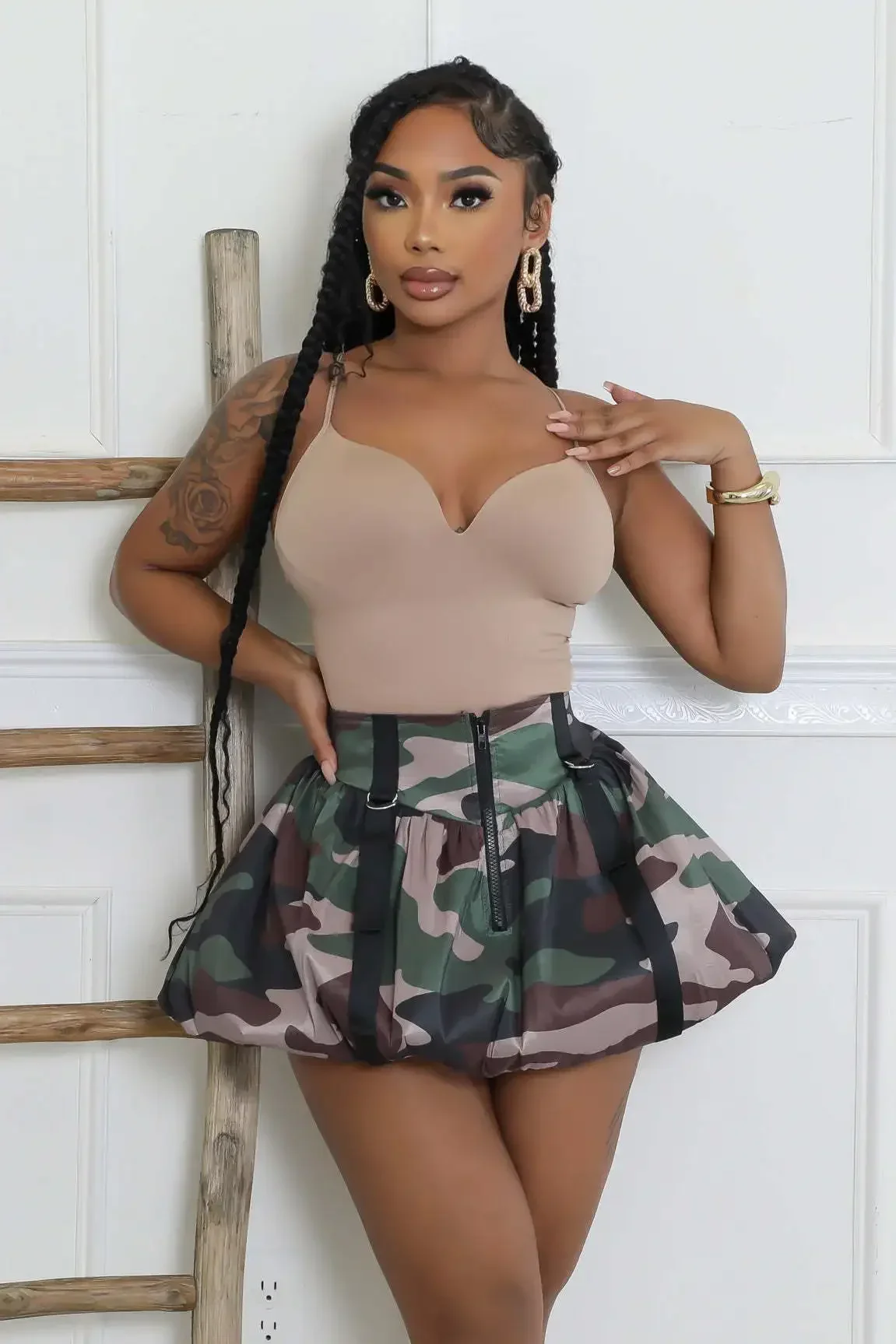 Vintage Frauen Camouflage Print Reiß verschluss geraffte A-Linie Minirock 2024 Mode Herbst Basic Street über dem Knie kurze Röcke