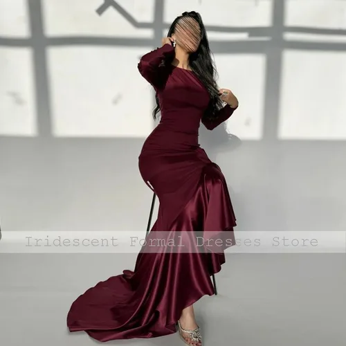 Imagen 2 del producto Vestido de noche de manga larga con cuello redondo, vestido de fiesta color burdeos, sirena con volantes, largo hasta el suelo, vestidos de fiesta formales para mujer de Dubai 2025