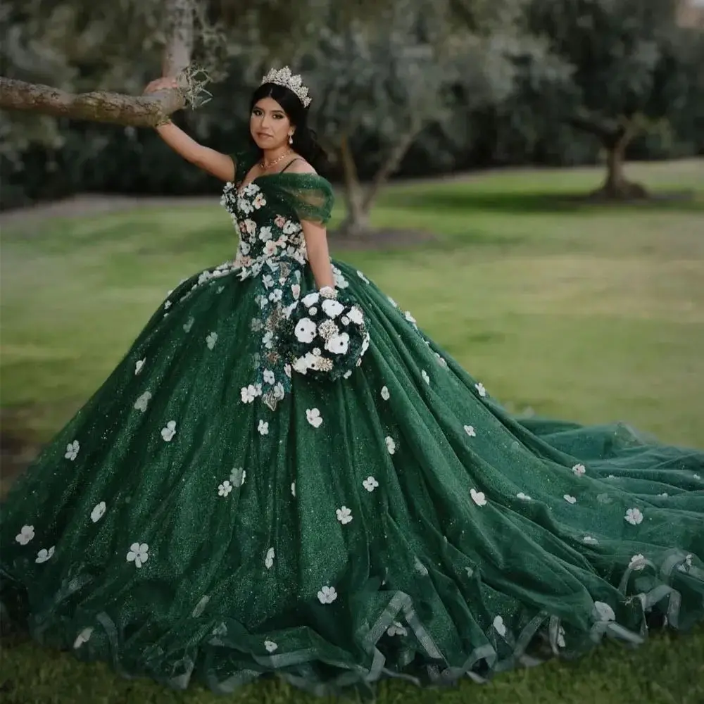 

Lorencia Emerald Green Quinceanera Dress Ball Gown Shiny Flowers Lace Appliques Beads Sweet 16 Dress Vestidos De XV Anos YQD371