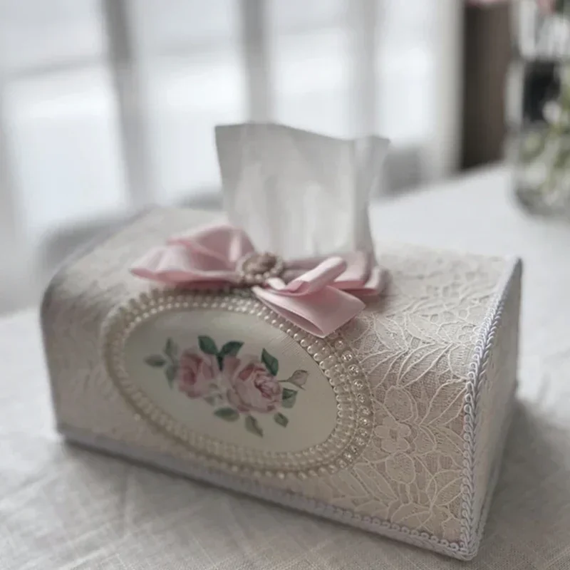 Korean Romantic Tissue Box Rice White Embroidered Lace Tissue Box Elegant Pearl Bow Fabric Household Car Drawer Storage Box