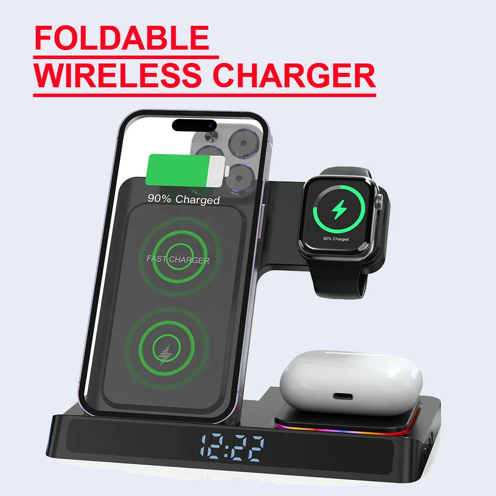 LED Light Wireless Charger For Iphone 15 14 13 12 11 Pro Max XS Alarm Clock Auto Charging Station for Airpods Pro Apple Watch