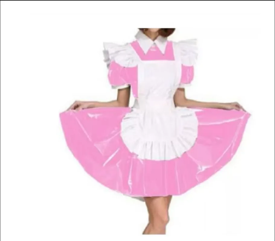 Maid Sissy High Shoulder Bib Gothic Dress White Apron PVC Role Play Multicolor C