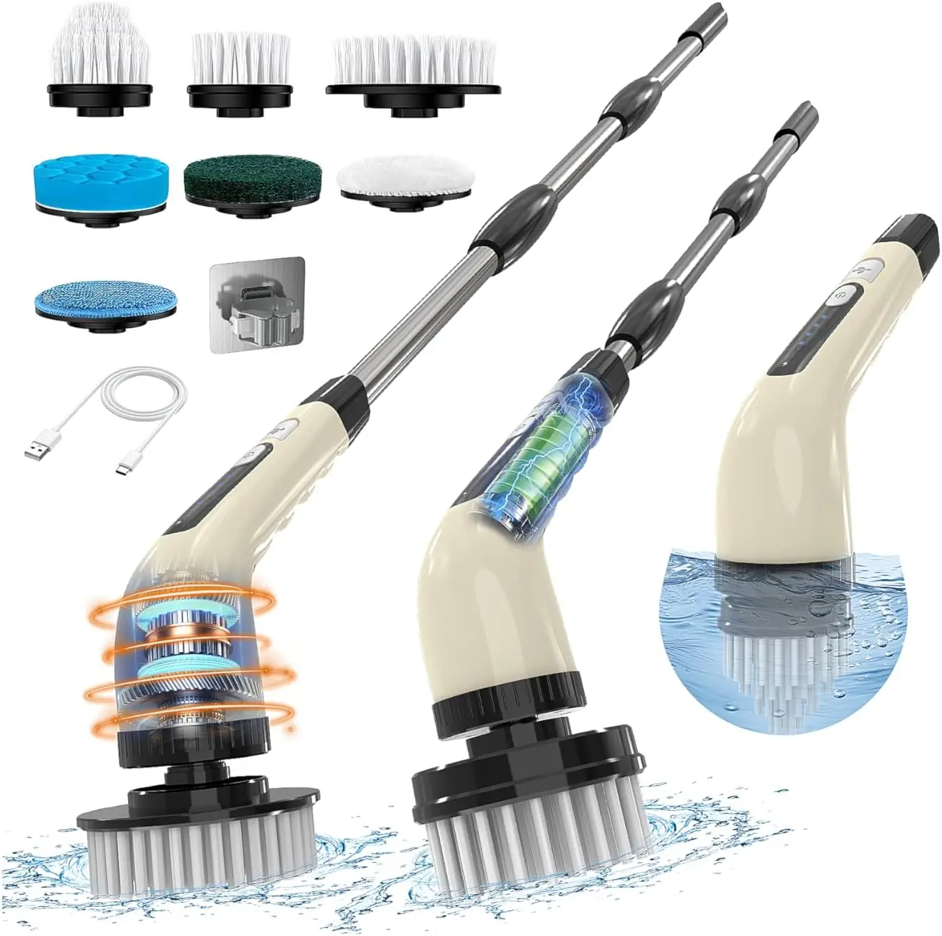 전기 회전 스크러버, 무선 청소 브러시, 7개의 교체 가능한 브러시가 있는 샤워 스크러버, 2단 속도 및 조절 가능한 연장 핸들