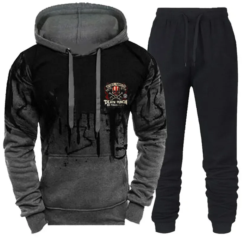 هوديي رجالي باللون الأسود والرمادي بنمط مطبوع ونص ملابس رياضية كاجوال للأنشطة الخارجية والارتداء اليومي