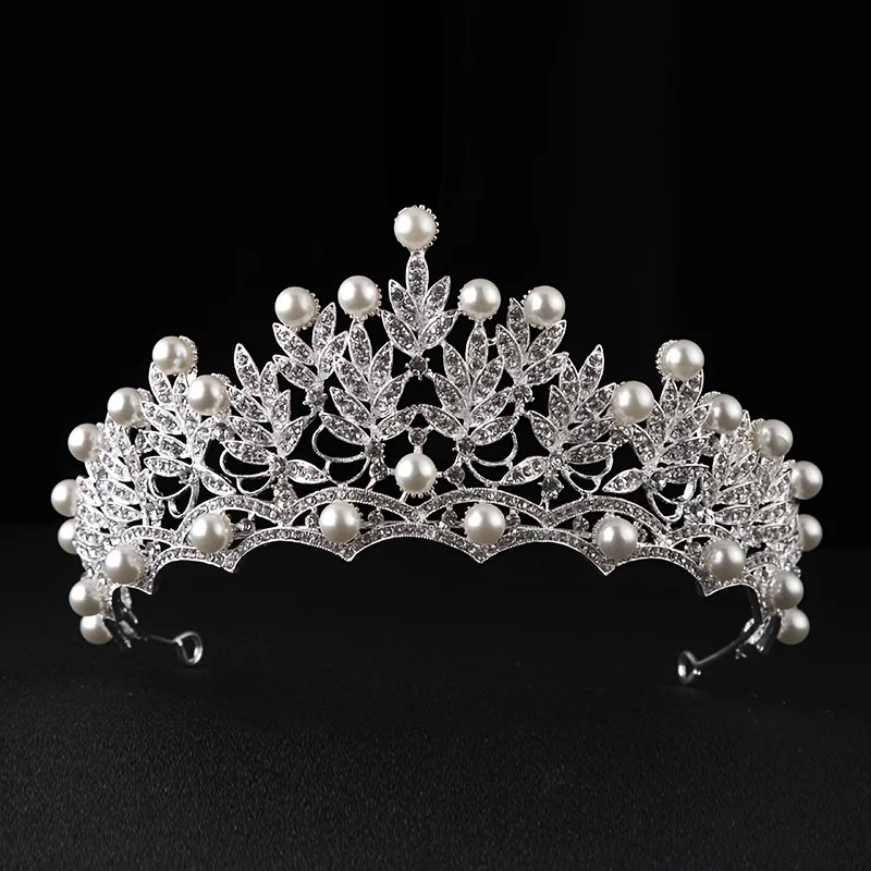 Zilver Kleur Kristal Parel Tiara's En Kronen Strass Prom Diadeem Vrouwen Bruids Bruiloft Haaraccessoires Sieraden Kroon Tiara