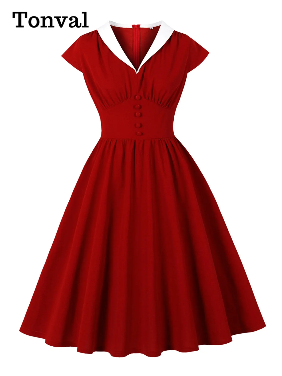 Tonval Contrast Collar High Waist Buttons Cap Sleeve Summer Dresses Women 2026 Vintage Pleated Midi Elegant Dress