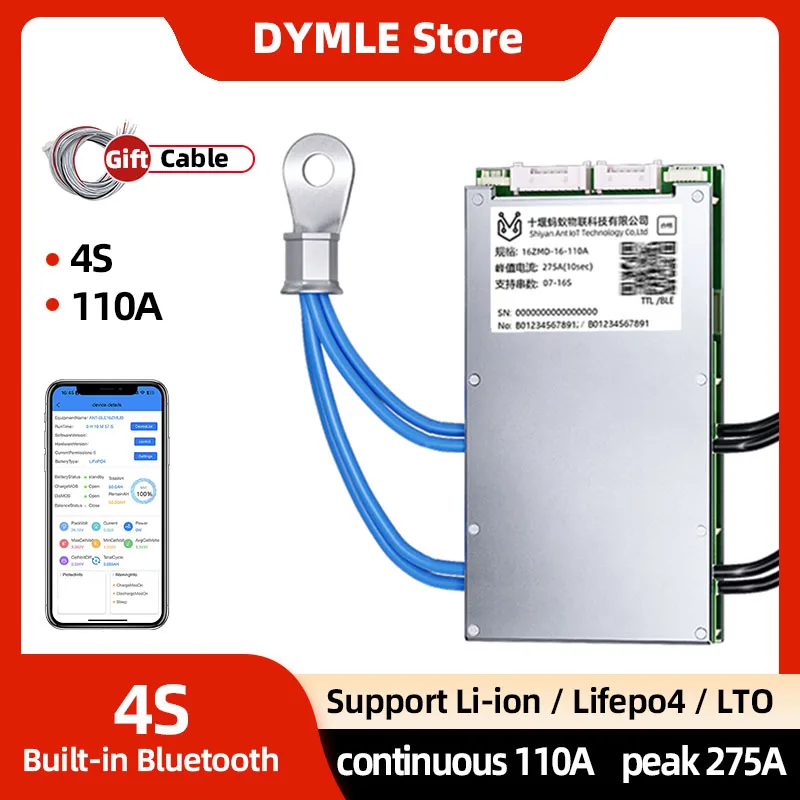 

Smart ANT BMS 12V BT Built-in continuous 110A peak 275A support 4S Li-ion Lifepo4 Lto Smart Battery Management System UPS