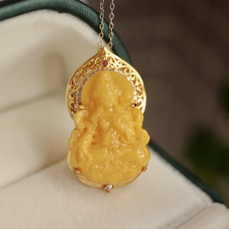 Natural Old Wax Pendant S925 Sterling Silver Green Tara Guanyin Necklace Amber