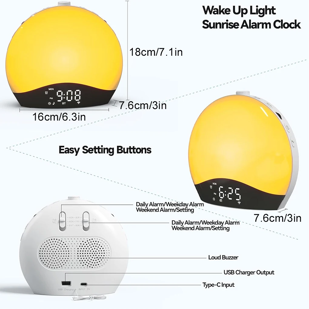 Sunlight Alarm Clock with Sunrise Simulation Adjustable Brightness Wake up Light Bluetooth-compatible Speaker Clock for Bedroom view 6