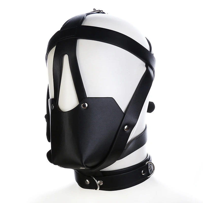 Sexy PU Leather Harness Mask Fetish Bandage Head Mask Hood Adult Halloween Party Cosplay Games Hollow Out Hood Men Face Mask