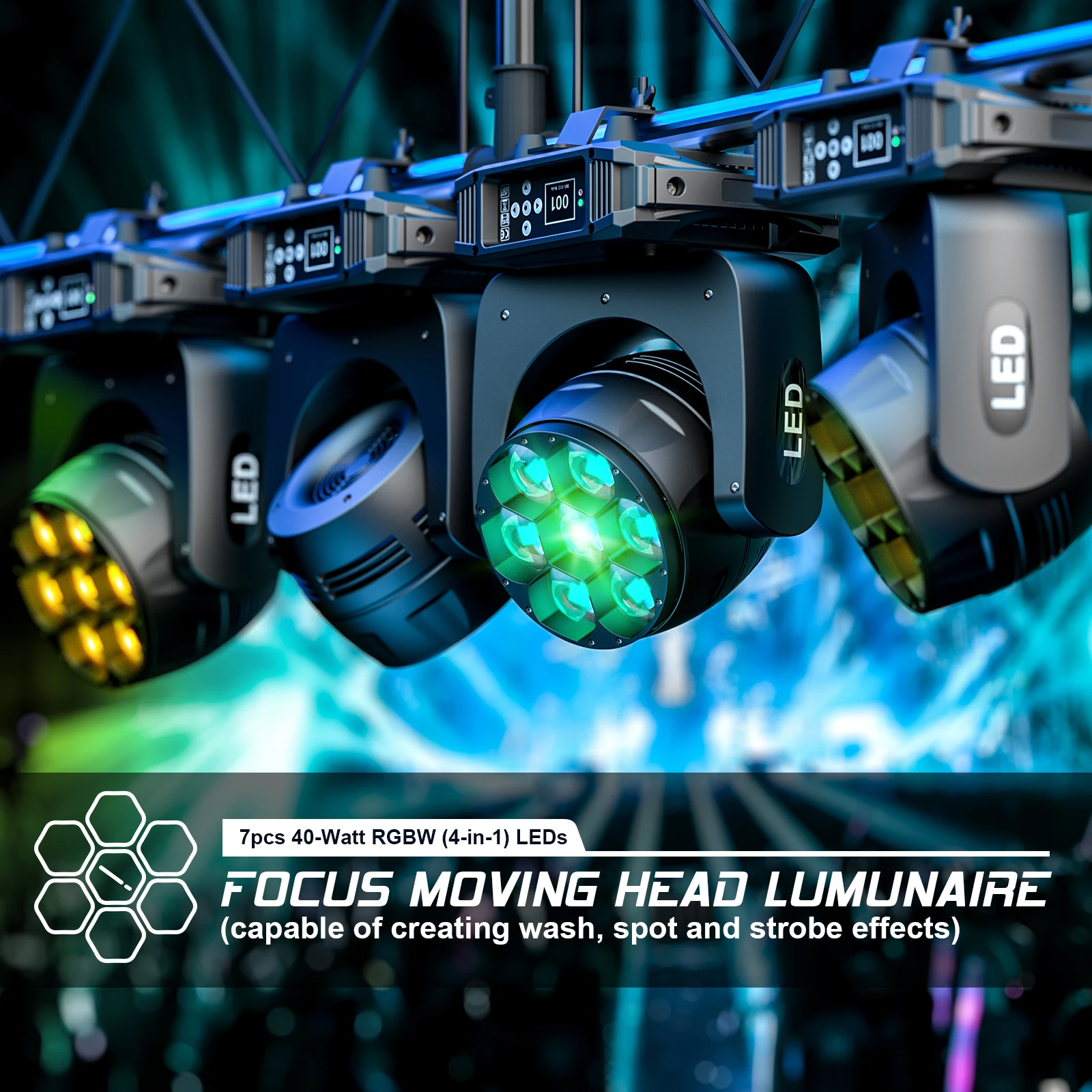 GEFENSIGEFENSI 350W Moving Head Light 7x40W LED RGBW Bee's Eye Wash Zoom Stage Light DMX512 Spotlight For DJ Disco Party Bar Nig