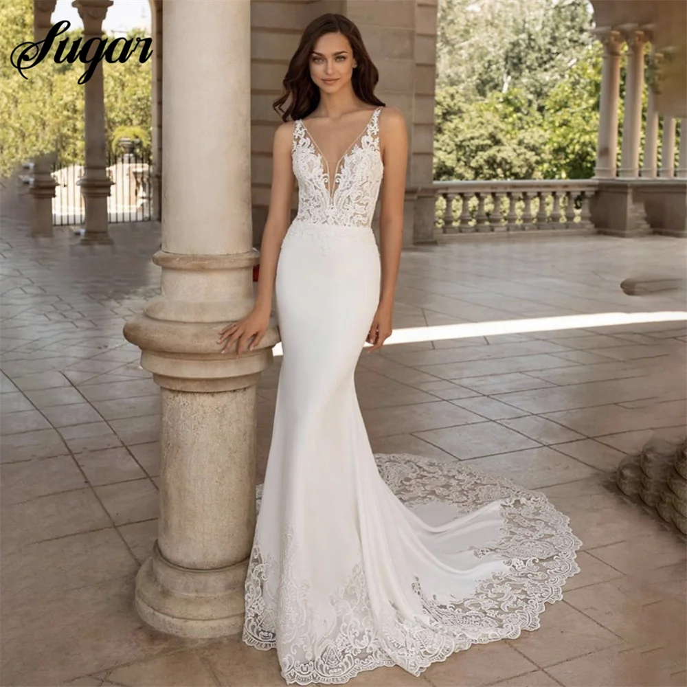 Vestidos de novia de sirena con escote en V y cola larga, vestido de novia elegante con Apliques de encaje para mujer, sin mangas, sin espalda, 2023