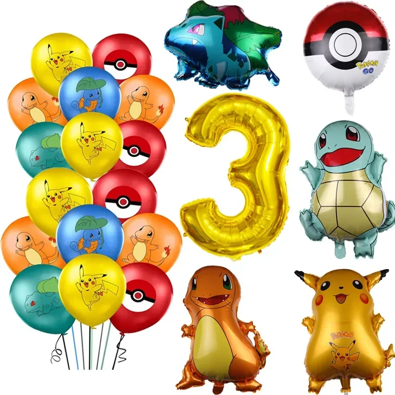 26 pièces Pokemon ballons ensemble Pikachu Pokemon Ball ballons 32 pouces or numéro ballon 1-9 pour enfants 1-9ème décoration de fête d'anniversaire