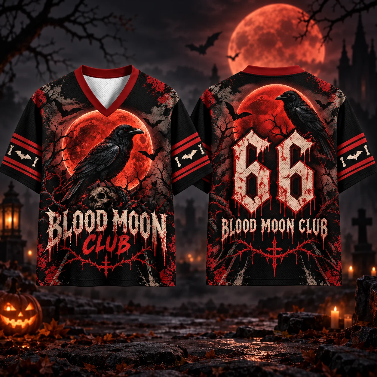 Halloween Blood Moon Club 66 Mesh Jersey, Horror Raven Skull Blood Moon V‑Neck Short Sleeve, Dark Gothic Graveyard Bats Oversize