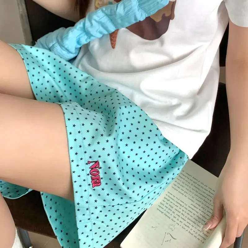 

Dopamine American Star Printed Wide Leg Shorts Summer Sports Straight Female Clothing Embroidery High Waist Elastic Loose Shorts