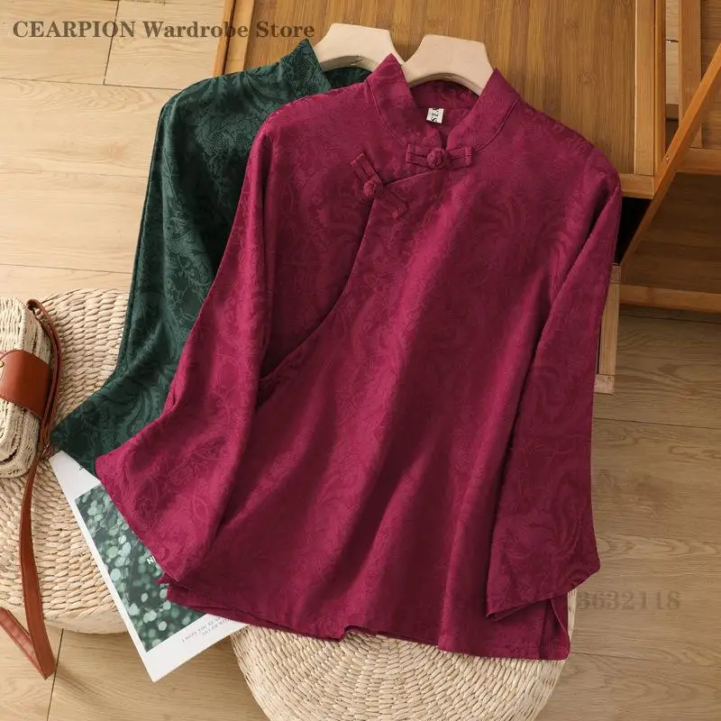 Retro Ethnic Style Shirt Improved Artistic Vintage Button Shirts Chinese Zen Jacquard Tops Women's Tang Clothes Hanfu Blouse