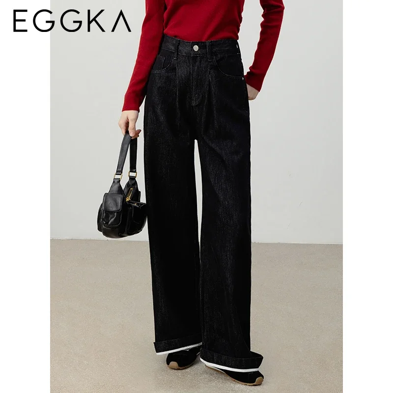 EGGKA Autumn Casual Wide-leg Jeans Women\'s Retro High-waist Jean Slim Straight Pants Korean Fashion Vintage Dark Blue Trousers