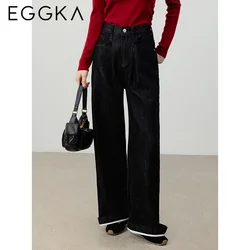 EGGKA Autumn Casual Wide-leg Jeans Women's Retro High-waist Jean Slim Straight Pants Korean Fashion Vintage Dark Blue Trousers